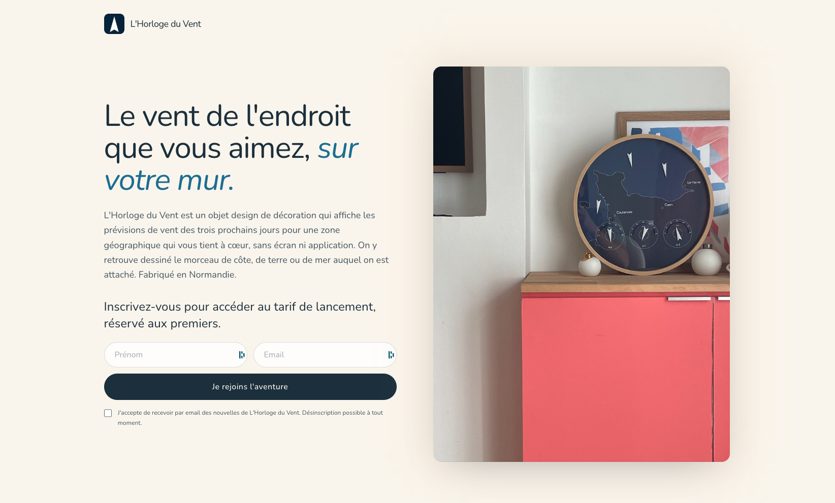 landing page de l'Horloge du vent horloge design affichant prévisions vent, financement participatif.